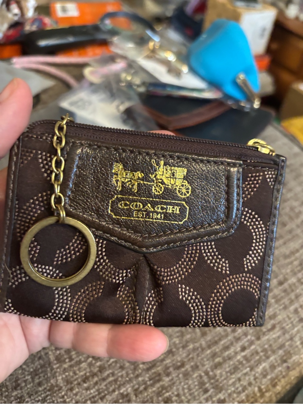 Coach Brown Signature Canvas Key & Card Holder with Gold Tone Hardware